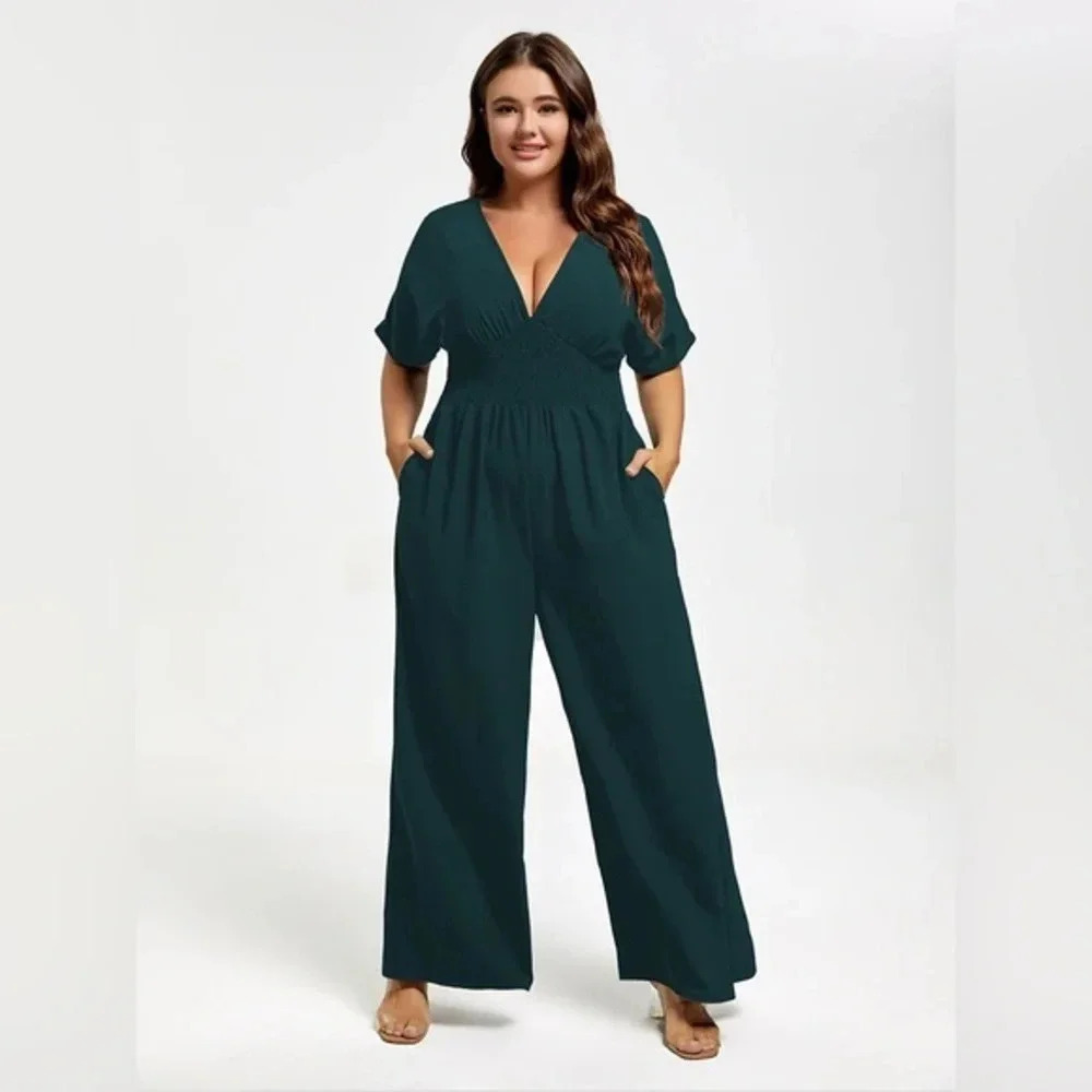 Plus V Neck Dolman Sleeve Ruffled Shirred Wide Leg Jumpsuit